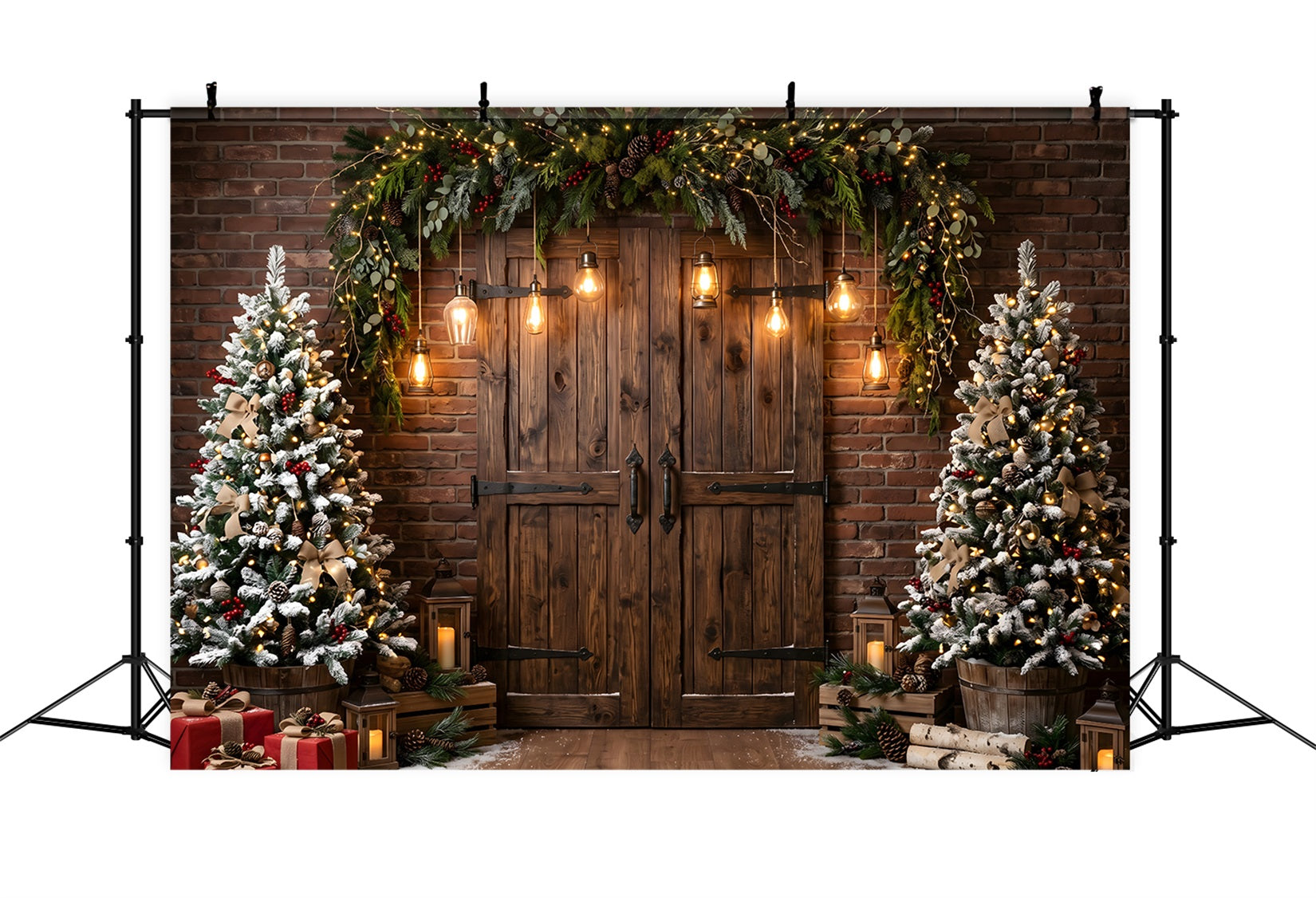 Christmas Barn Door Backdrop Rustic Barn Door Edison Lights Christmas Photoshoot Backdrop CEM65-174