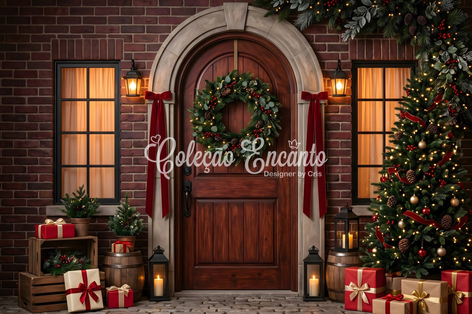 Christmas Photobooth Backdrop Arched Brick Door Wreath Gifts Christmas Backdrop For Pictures CEM65-175