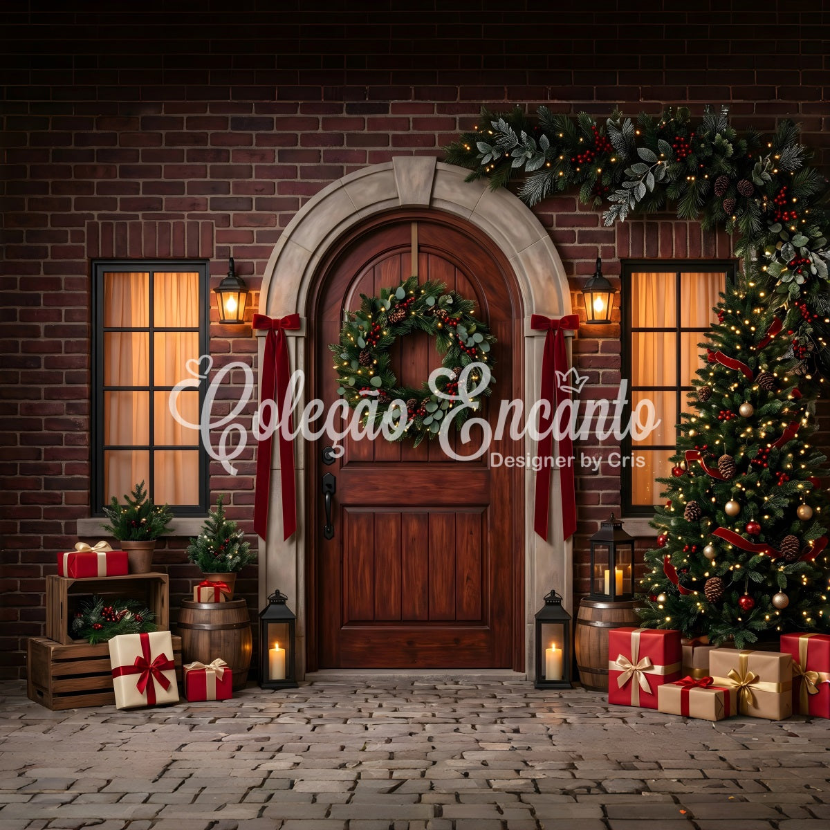 Christmas Photobooth Backdrop Arched Brick Door Wreath Gifts Christmas Backdrop For Pictures CEM65-175
