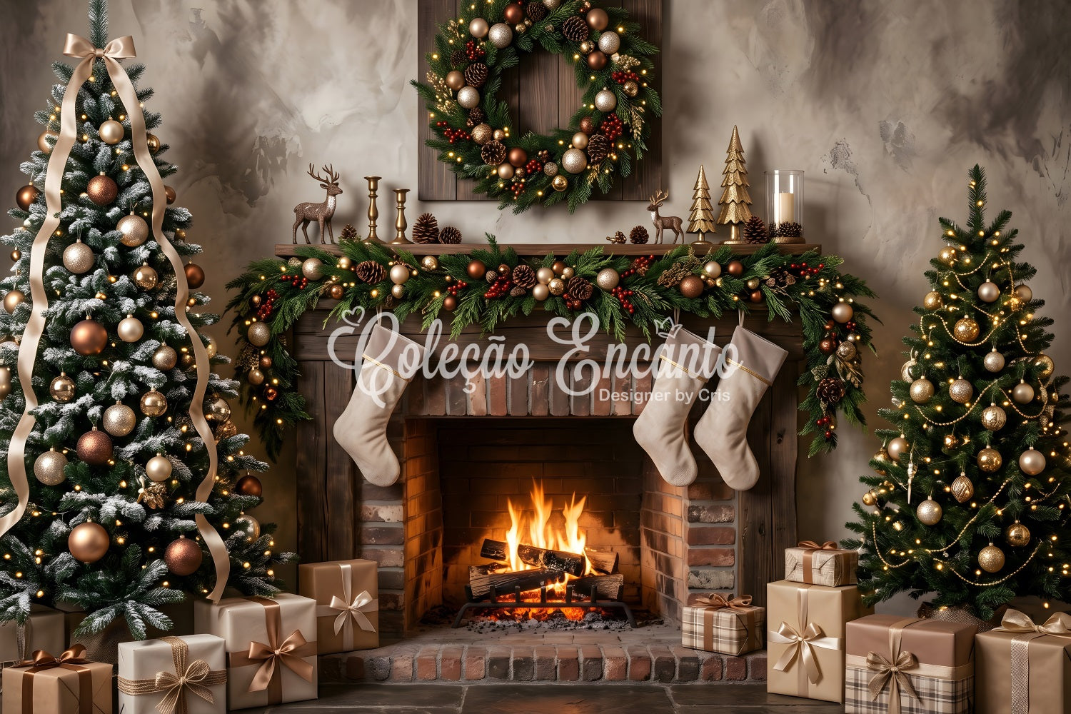 Fireplace Christmas Backdrop Neutral Fireplace Stockings Gold Trees Photo Booth Christmas Backdrop CEM65-176