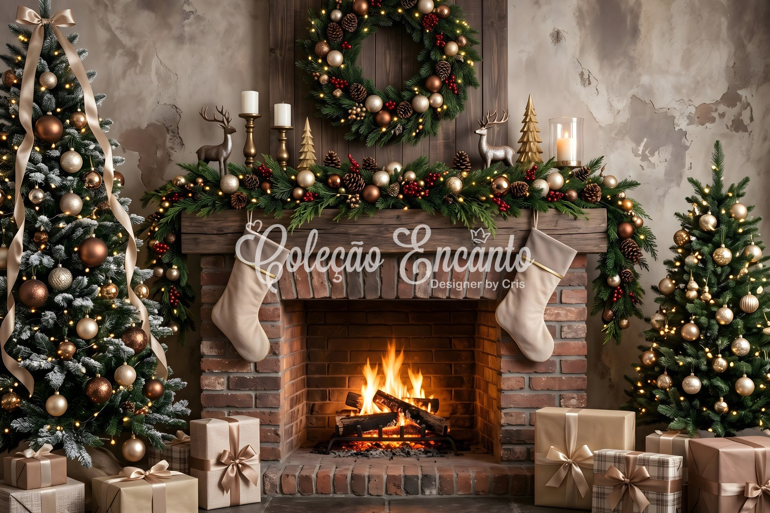 Christmas Fireplace Photo Backdrop Neutral Brick Stockings Trees Christmas Backdrops CEM65-177