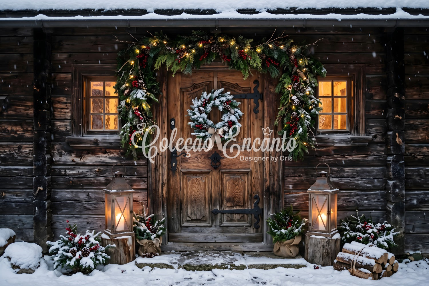 Backdrops For Christmas Photos Snowy Rustic Cabin Door Lanterns Studio Backdrops Christmas Backdrop CEM65-178