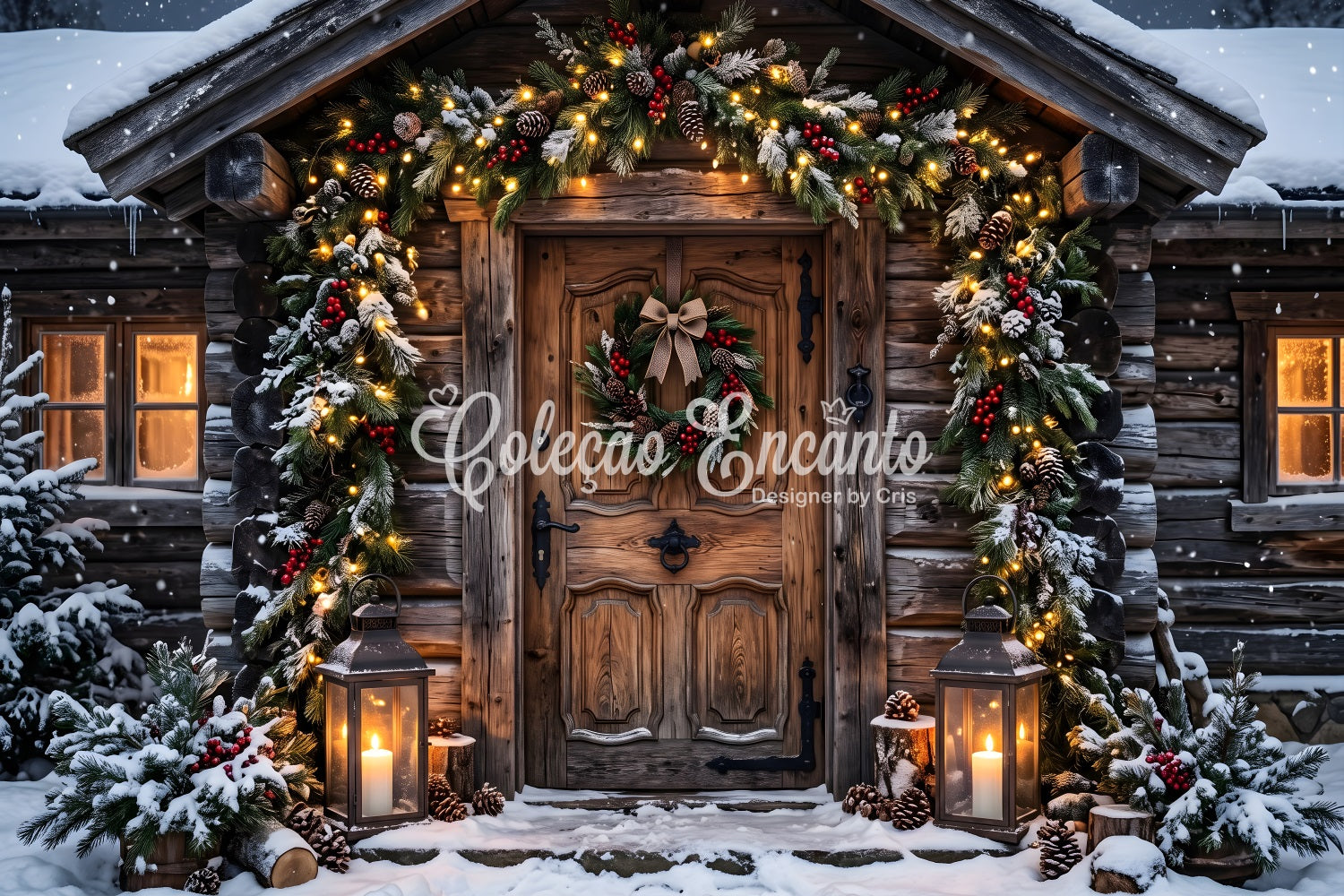 Christmas Village Backdrop Ideas Frosted Log Cabin Garland Entrance Photography Christmas Backdrop CEM65-179