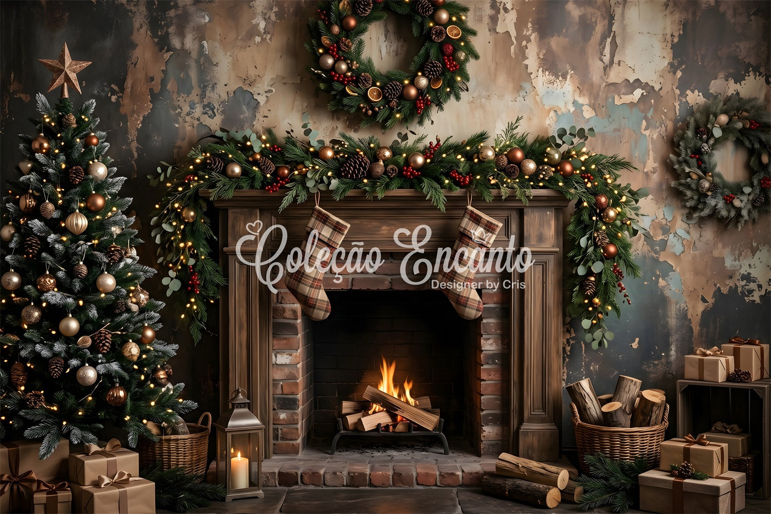 Christmas Fireplace Backdrops Moody Rustic Fireplace Stockings Christmas Photobooth Backdrop CEM65-180