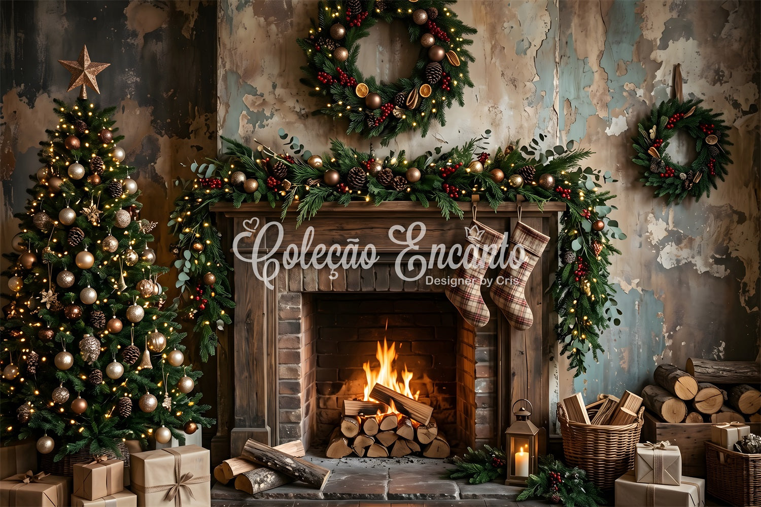 Christmas Backdrop Distressed Rustic Fireplace Plaid Stockings Christmas Backdrop For Photoshoot CEM65-181
