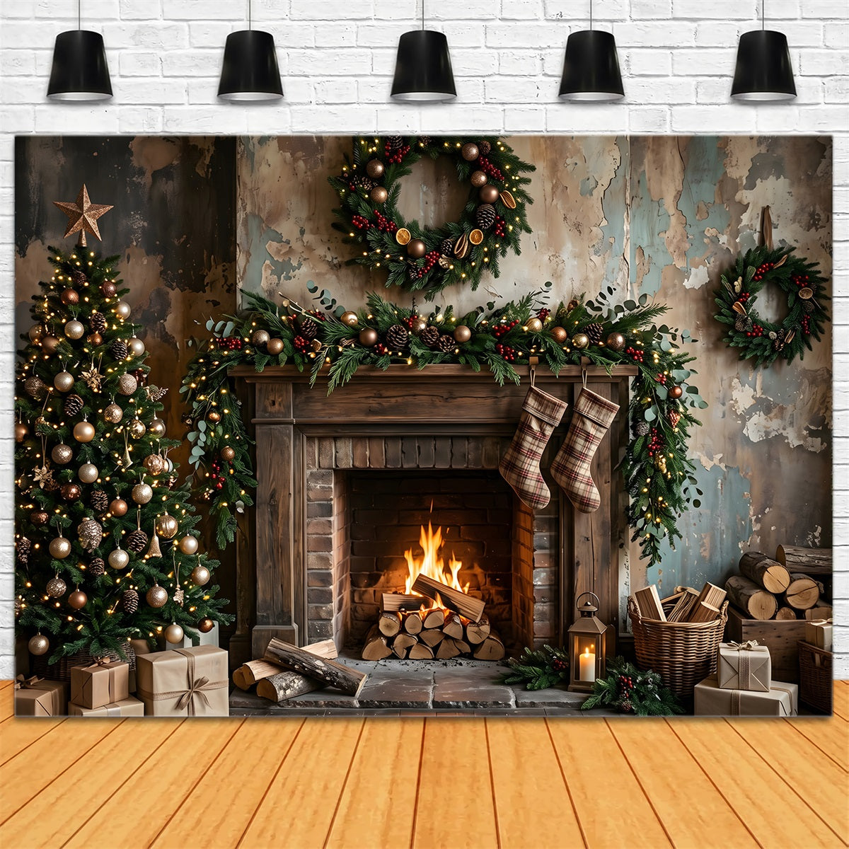 Christmas Backdrop Distressed Rustic Fireplace Plaid Stockings Christmas Backdrop For Photoshoot CEM65-181