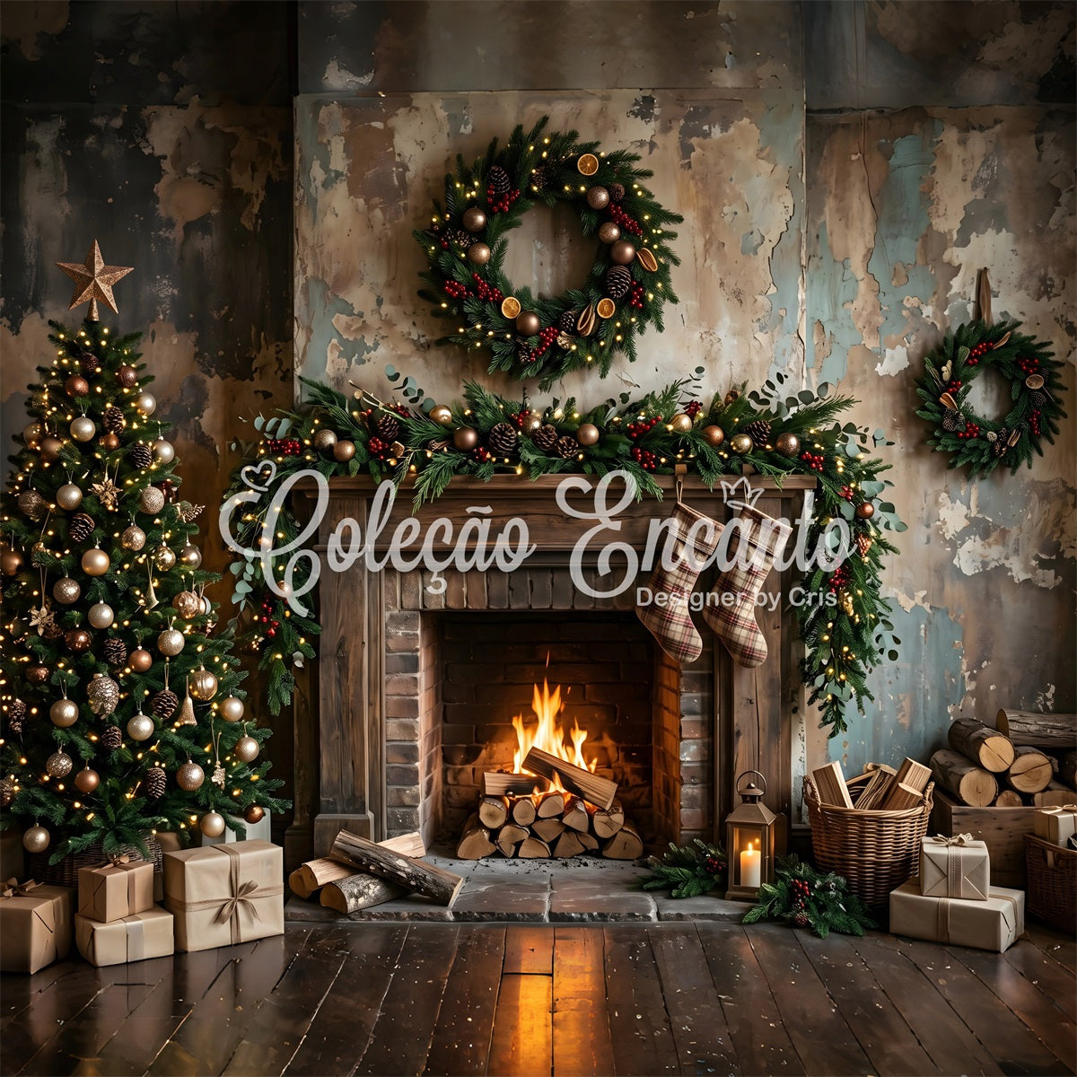 Christmas Backdrop Distressed Rustic Fireplace Plaid Stockings Christmas Backdrop For Photoshoot CEM65-181
