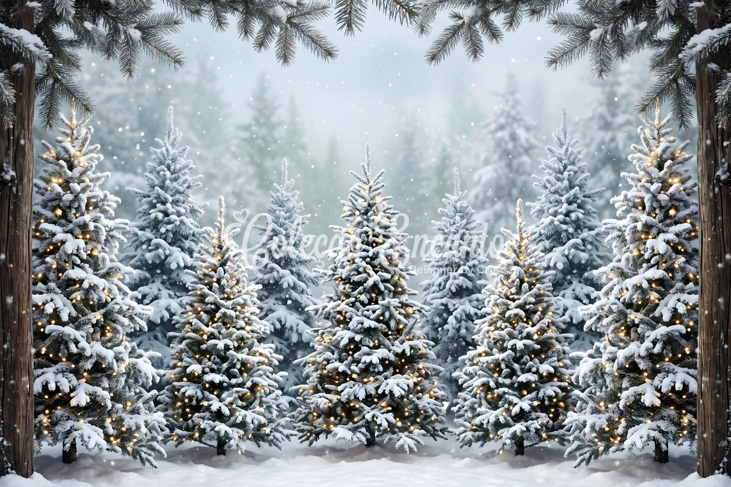 Christmas Forest Backdrop Snowy Fir Forest Warm Lights Backdrop Christmas Photo Booth CEM65-182