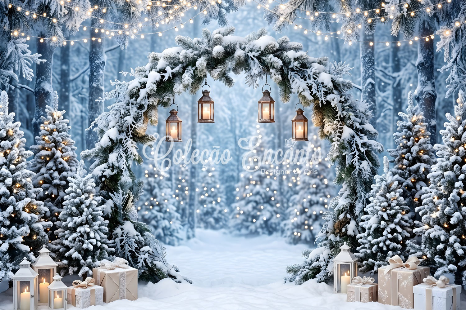 Christmas Wonderland Backdrop Frosted Pine Arch Hanging Lanterns Christmas Studio Backdrop CEM65-183