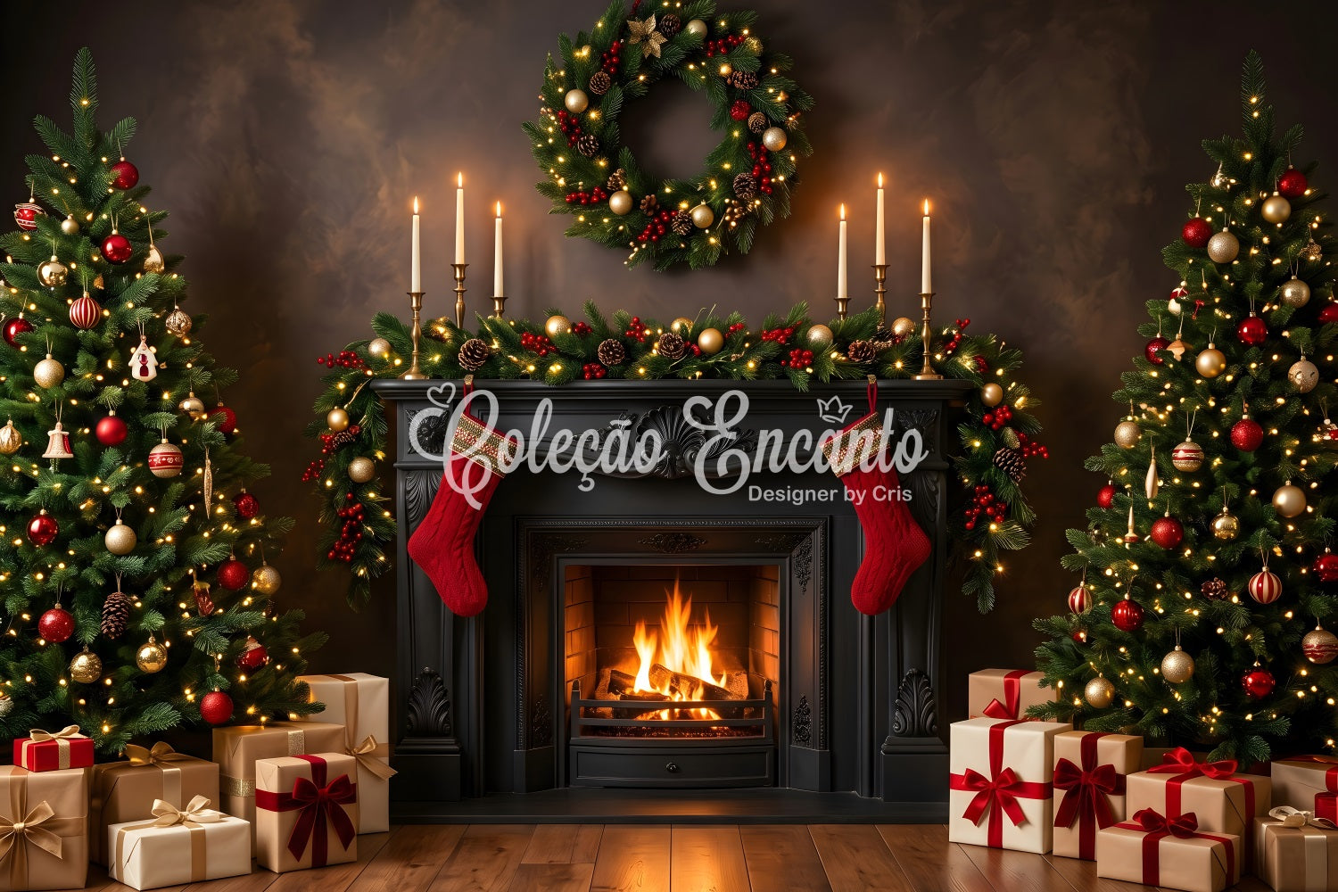 Best Christmas Backdrops Black Fireplace Candles Stockings Christmas Backdrop Photoshoot CEM65-184