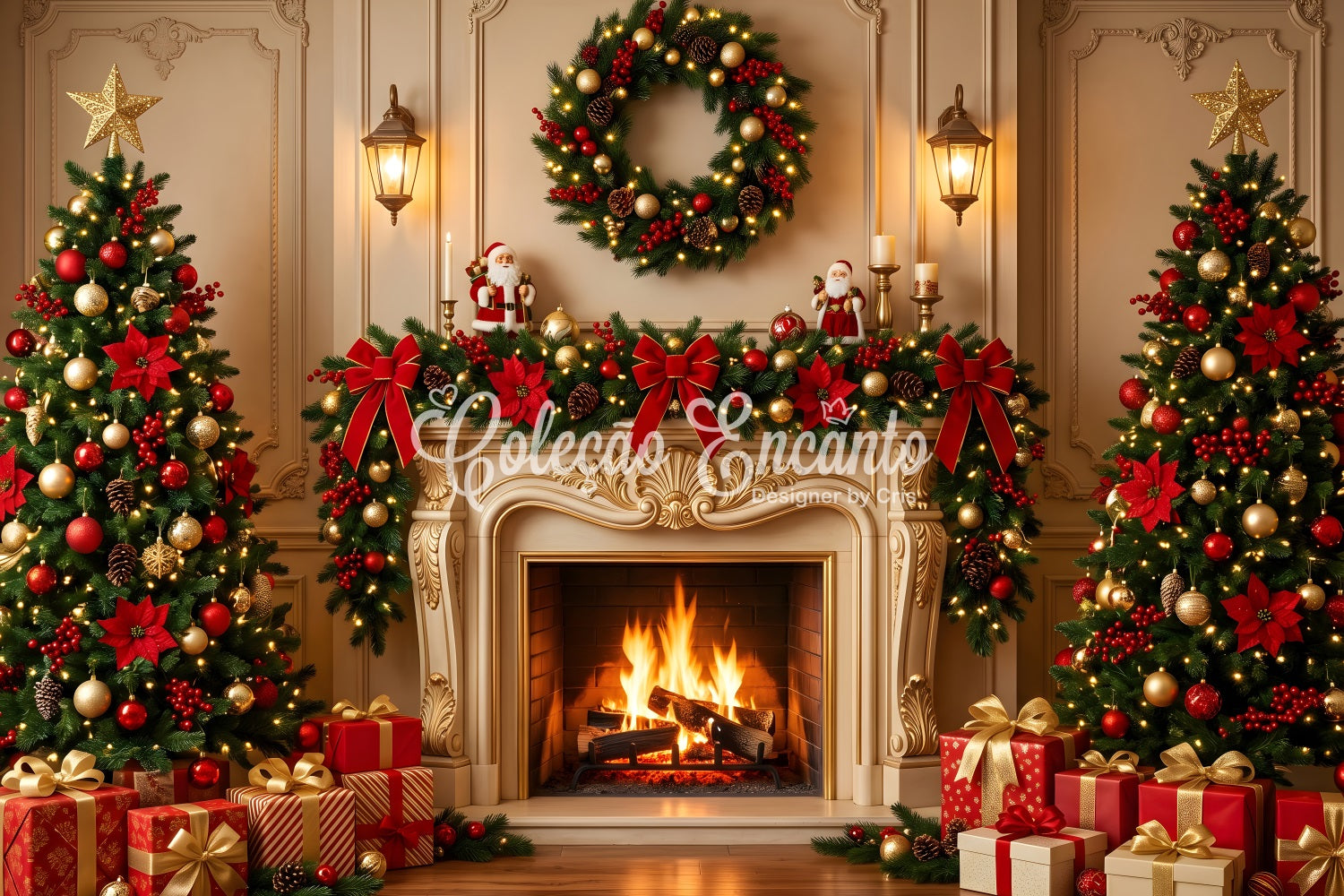Christmas Backdrop Golden Ornate Fireplace Wreath Trees Best Christmas Photo Backdrops CEM65-185