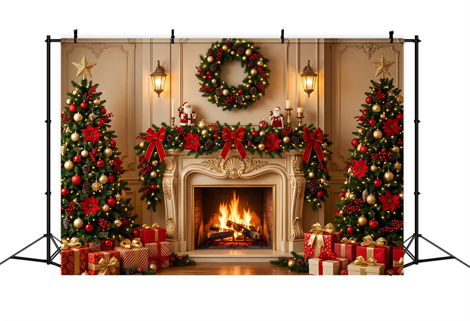 Christmas Backdrop Golden Ornate Fireplace Wreath Trees Best Christmas Photo Backdrops CEM65-185