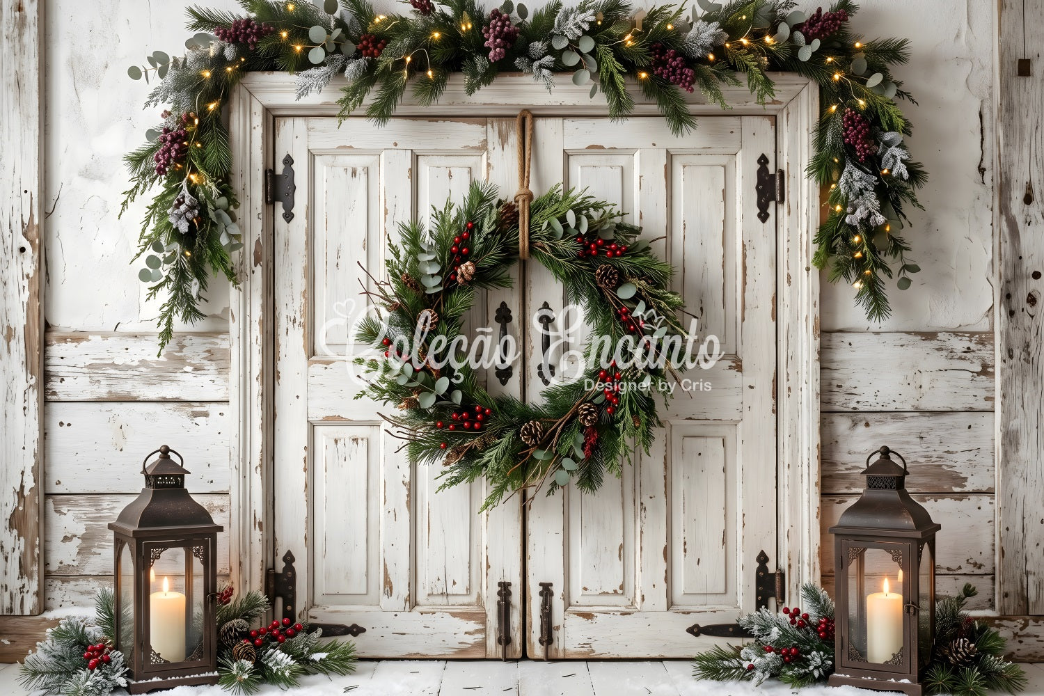 Best Christmas Backdrops For Photography White Door Hanging Wreath Backdrop Christmas CEM65-186