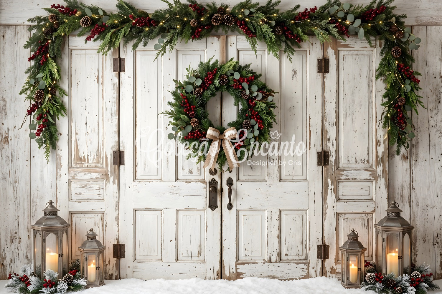 10x20 Christmas Backdrop Vintage White Door Bow Wreath Christmas Photo Booth Backdrops CEM65-187