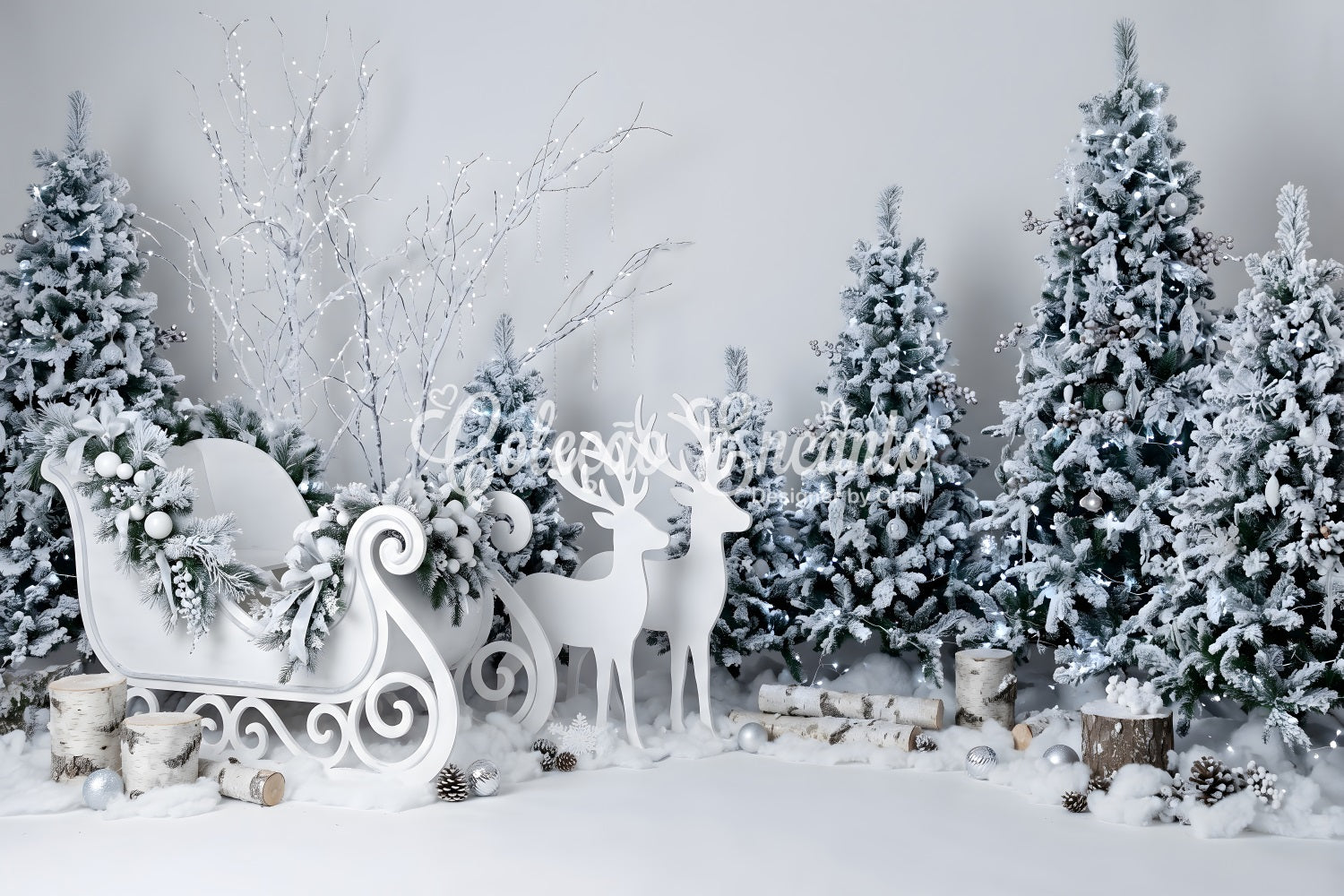 Christmas Winter Backdrop Crystal White Sleigh Reindeer Forest Christmas Backdrops CEM65-189
