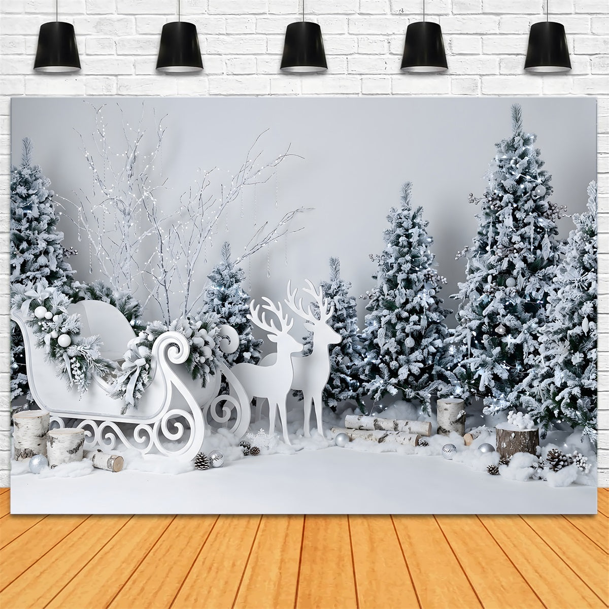 Christmas Winter Backdrop Crystal White Sleigh Reindeer Forest Christmas Backdrops CEM65-189