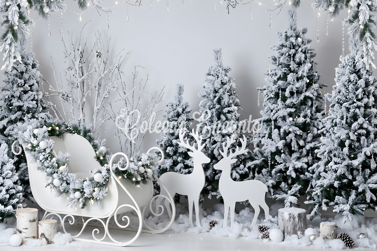 White Christmas Backdrop Frosted White Sleigh Reindeer Woodland Christmas Photo Backdrop CEM65-190