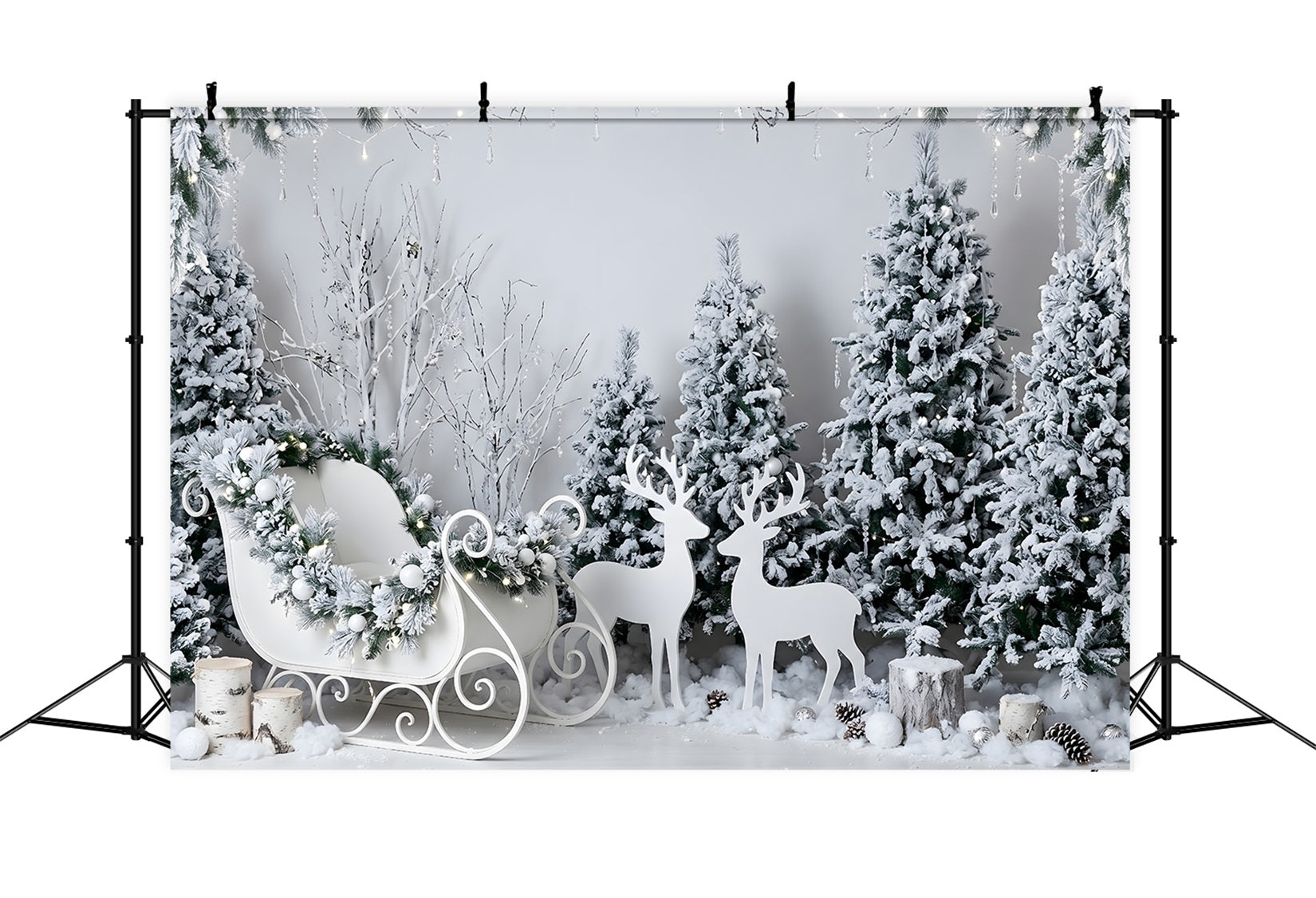 White Christmas Backdrop Frosted White Sleigh Reindeer Woodland Christmas Photo Backdrop CEM65-190