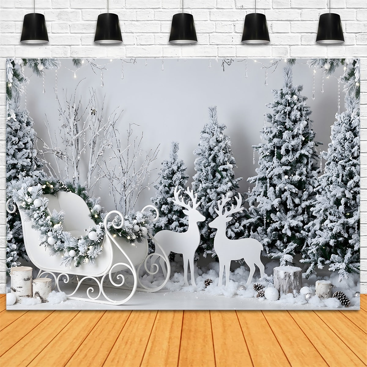 White Christmas Backdrop Frosted White Sleigh Reindeer Woodland Christmas Photo Backdrop CEM65-190