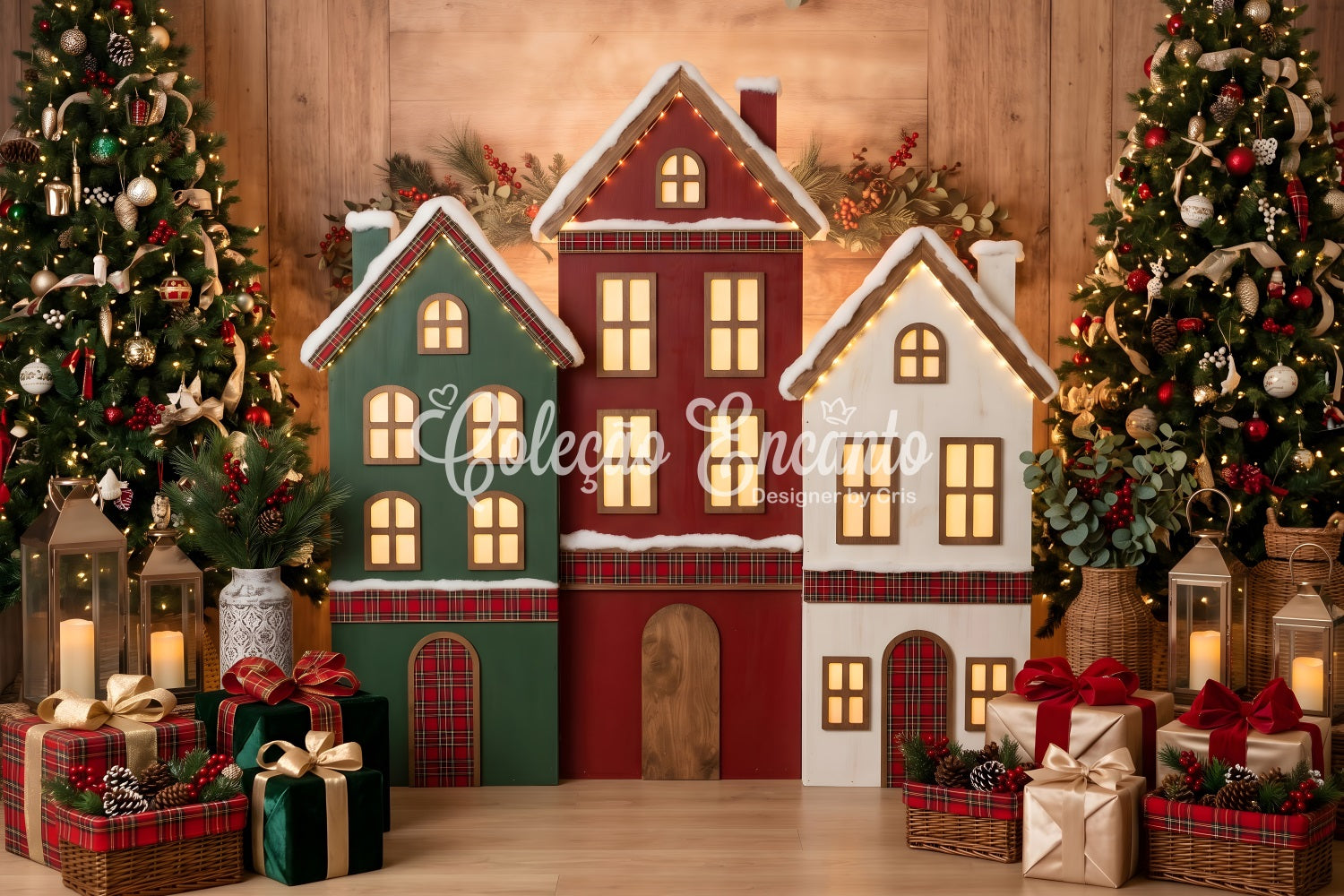 Christmas Ornament Backdrop Plaid Village Houses Glowing Trees Christmas Backdrop For Photos CEM65-191