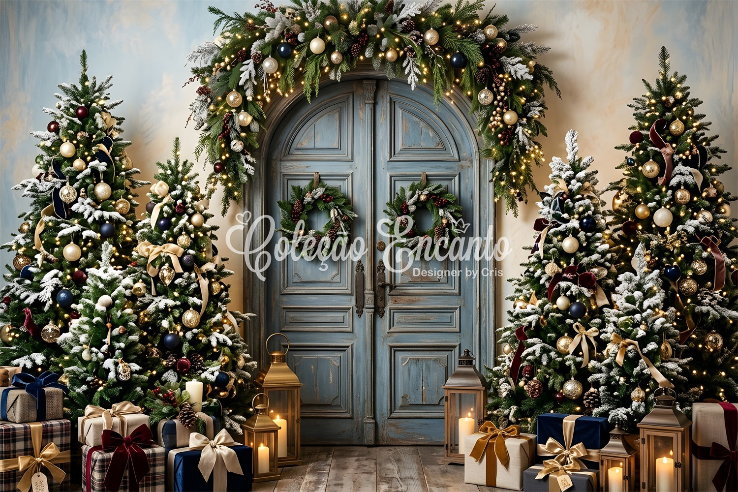 Photo Backdrops Christmas Vintage Blue Door Frosted Trees Christmas Backdrop Ideas CEM65-192
