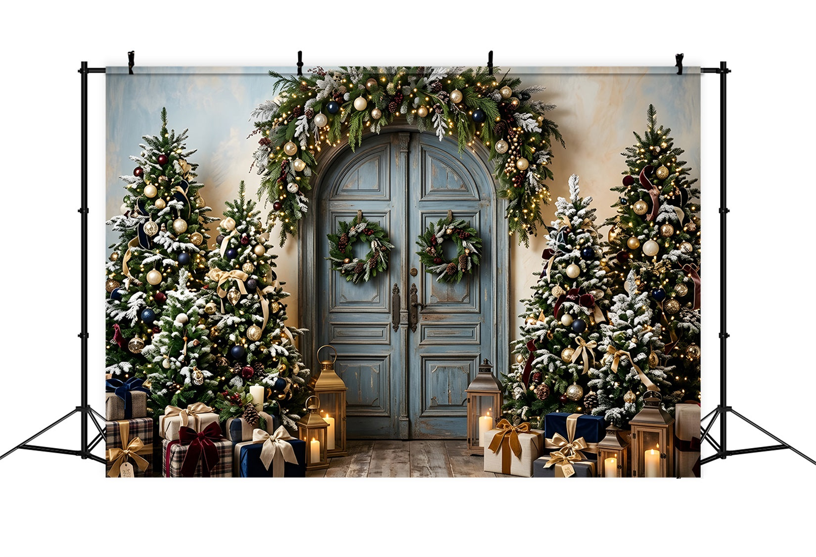 Photo Backdrops Christmas Vintage Blue Door Frosted Trees Christmas Backdrop Ideas CEM65-192