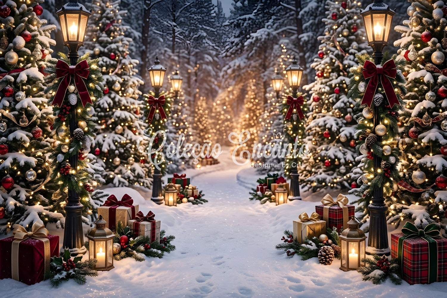 Christmas Backdrop Outdoor Snowy Lantern Forest Gift Path Christmas Photo Backdrops CEM65-193