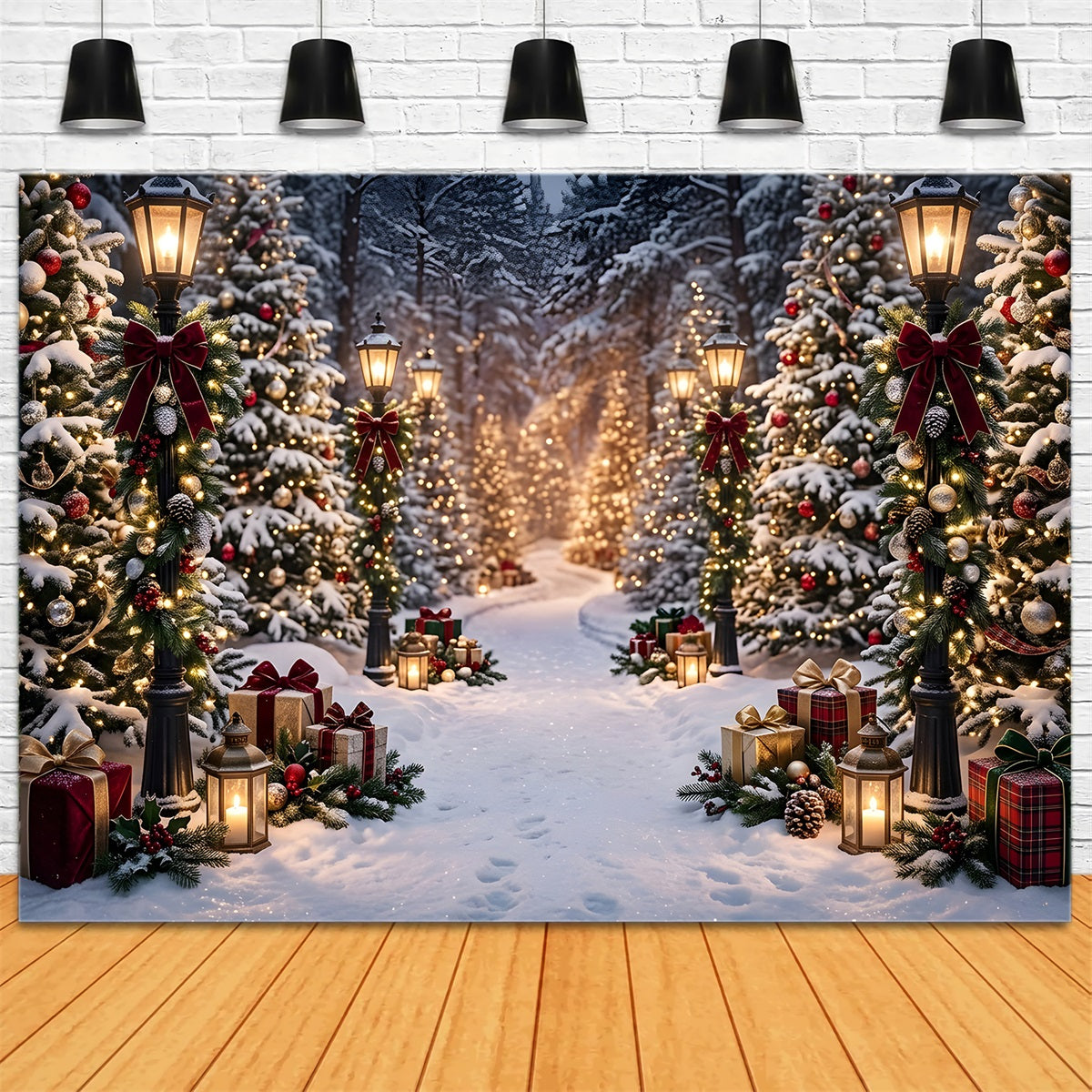 Christmas Backdrop Outdoor Snowy Lantern Forest Gift Path Christmas Photo Backdrops CEM65-193