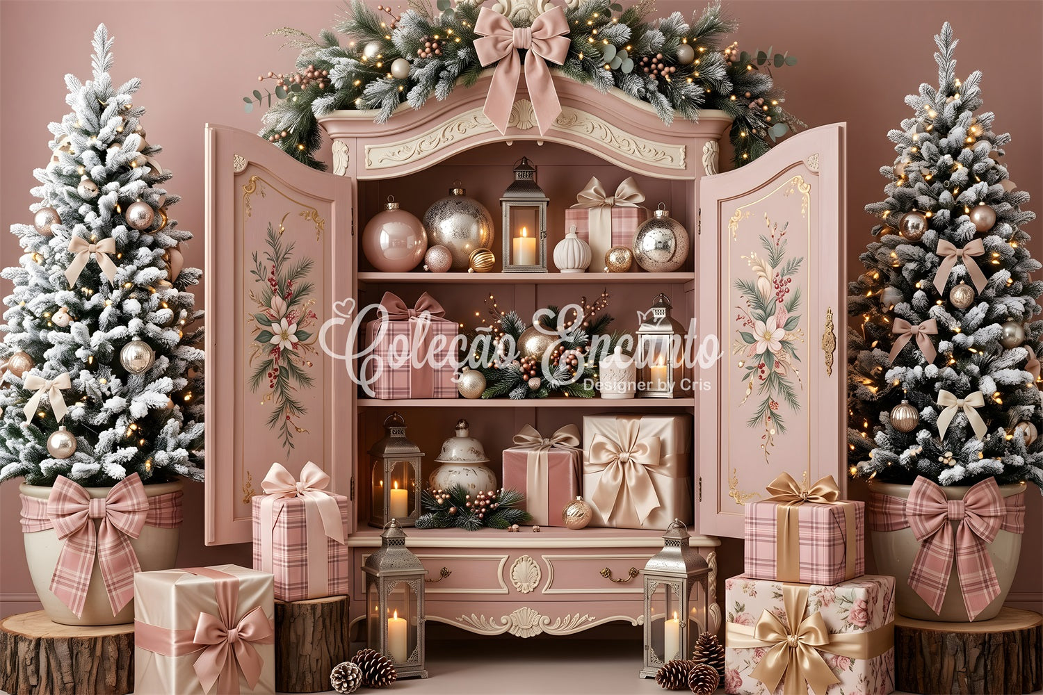 Pink Christmas Backdrop Blush Pink Cabinet Ornament Christmas Backdrops For Photography CEM65-195