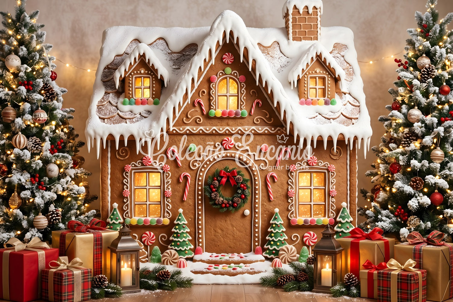 Gingerbread Christmas Backdrop Snowy Gingerbread Cottage Gift Christmas Photography Backdrops CEM65-198