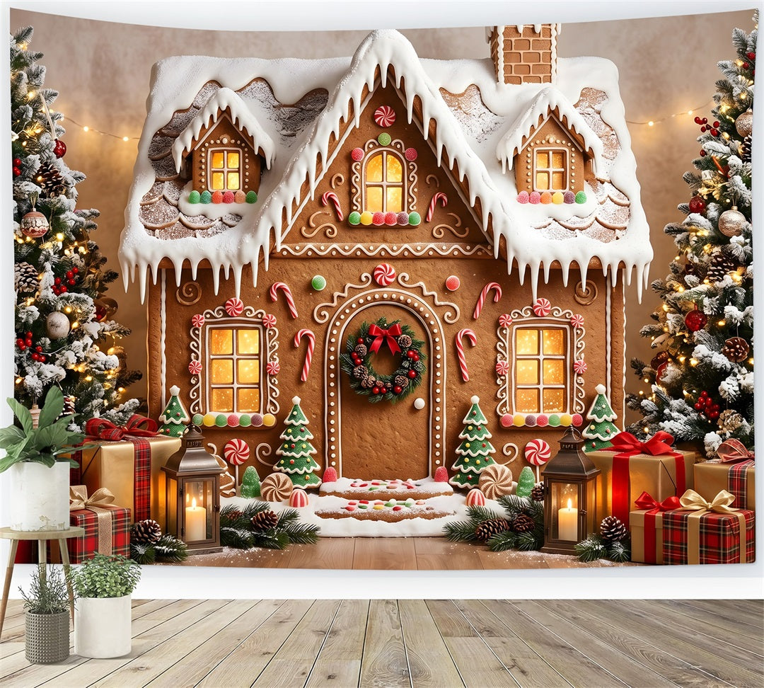 Gingerbread Christmas Backdrop Snowy Gingerbread Cottage Gift Christmas Photography Backdrops CEM65-198
