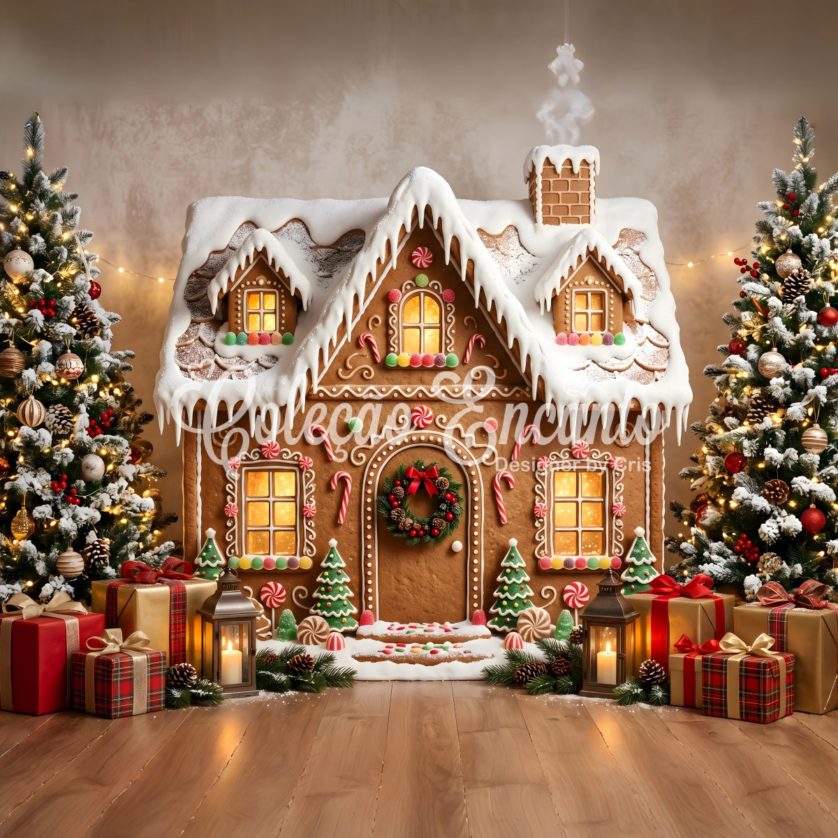 Gingerbread Christmas Backdrop Snowy Gingerbread Cottage Gift Christmas Photography Backdrops CEM65-198