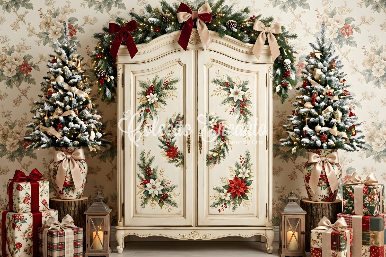 Christmas Picture Backdrops Vintage Floral Wardrobe Tree Christmas Backdrop Photography CEM65-199