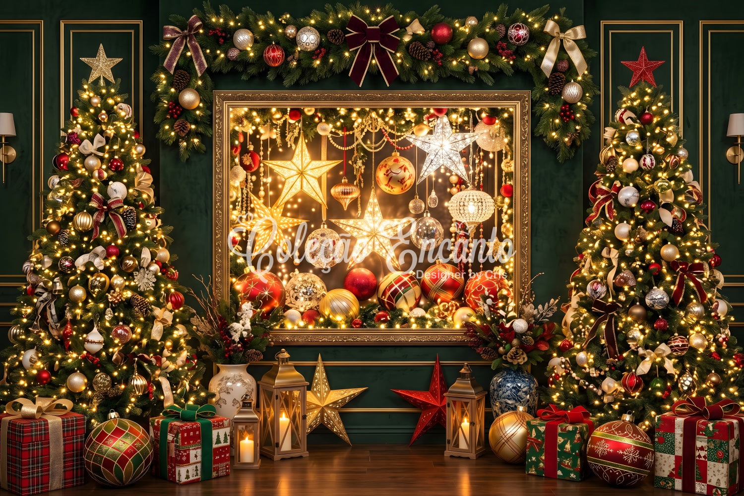 Christmas Lights Backdrop Emerald Ornament Gallery Tree Christmas Photo Booth Backdrop CEM65-202