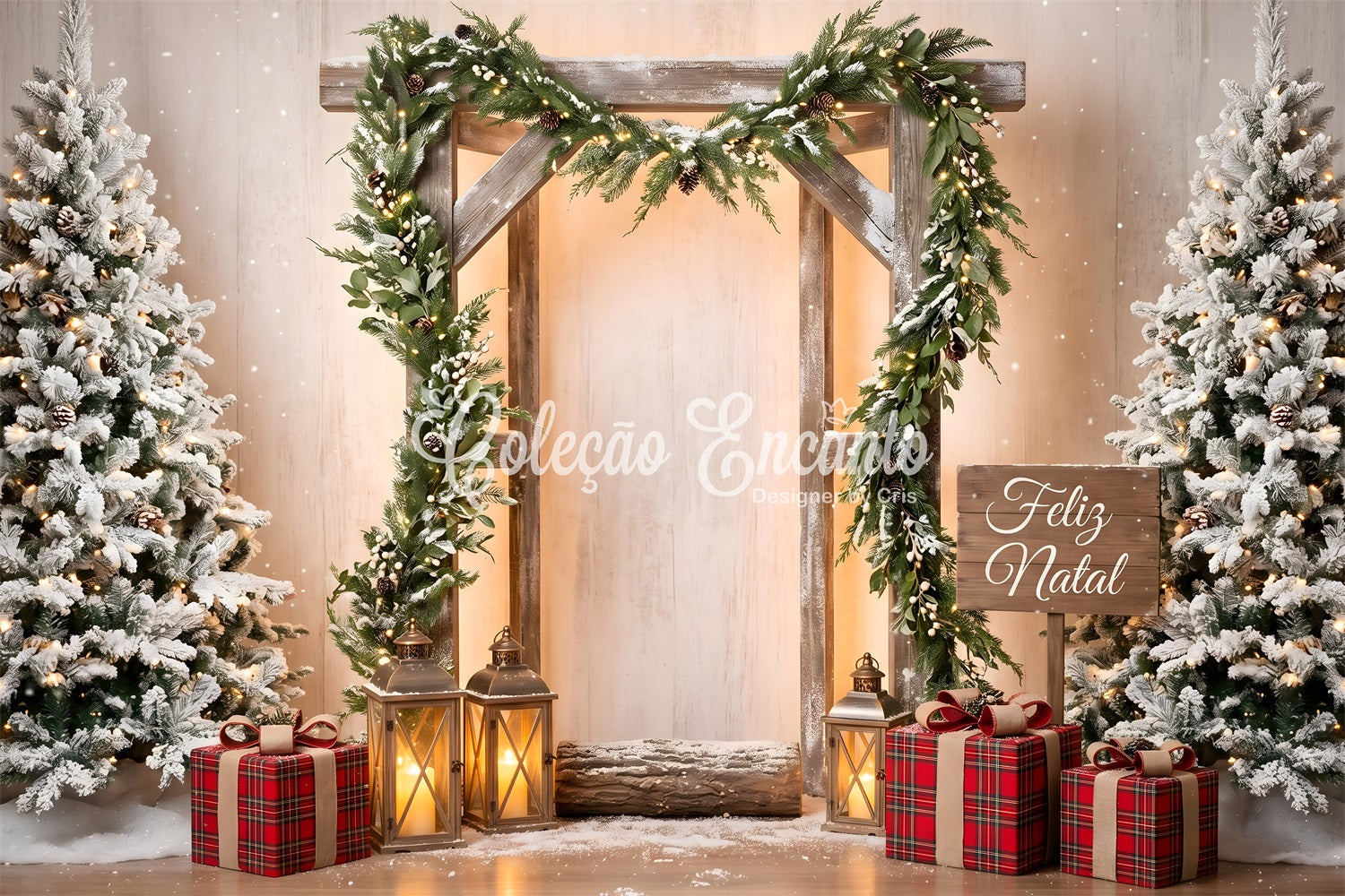 Simple Christmas Backdrop Frosted Wooden Arch Lantern Photo Backdrop Christmas CEM65-203