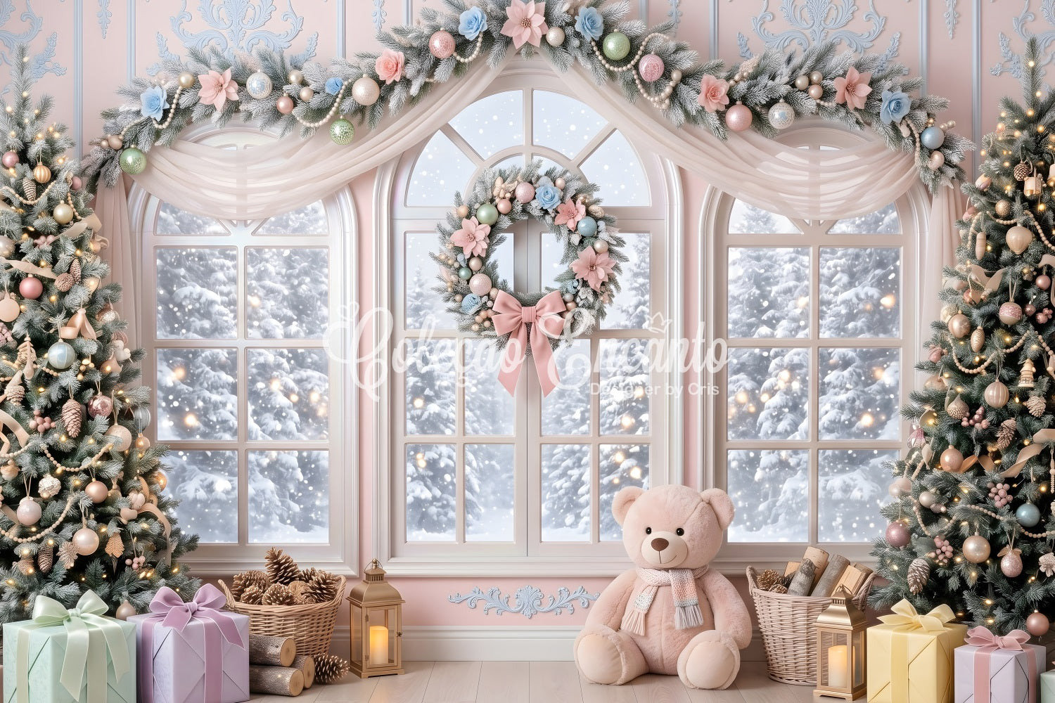 Pink Christmas Backdrop Pastel Floral Window Teddy Christmas Backdrop Design CEM65-204