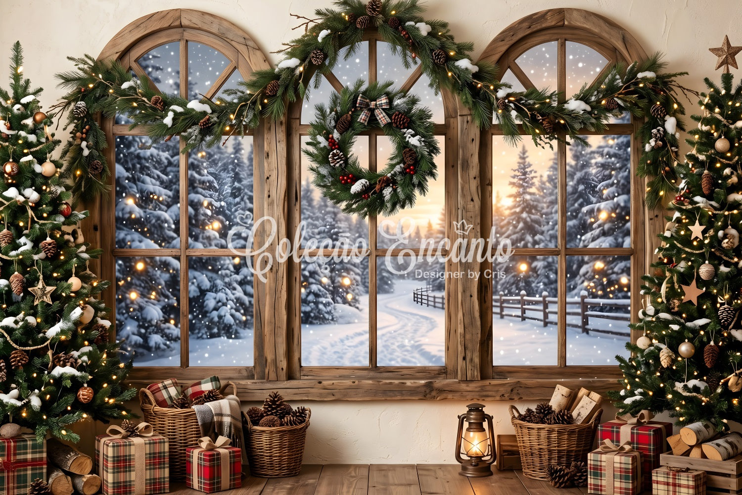 Rustic Christmas Backdrop Rustic Snowy Window Wreath Photography Christmas Backdrops CEM65-207