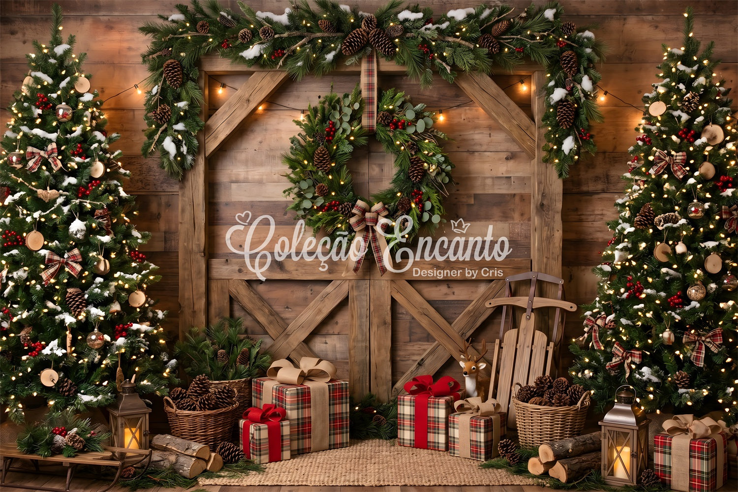 Christmas Scene Backdrops Rustic Barn Wreath Sled Christmas Photoshoot Backdrop CEM65-208