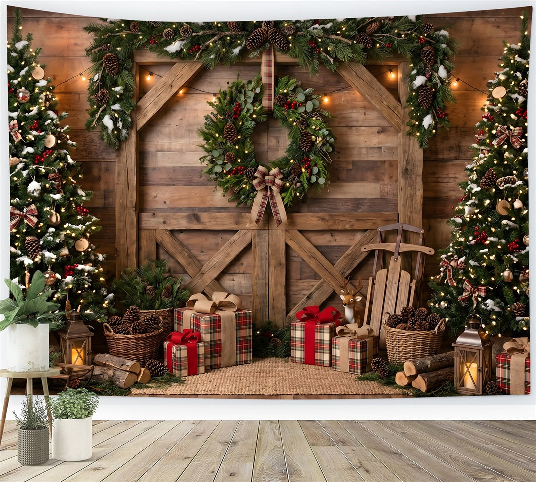 Christmas Scene Backdrops Rustic Barn Wreath Sled Christmas Photoshoot Backdrop CEM65-208