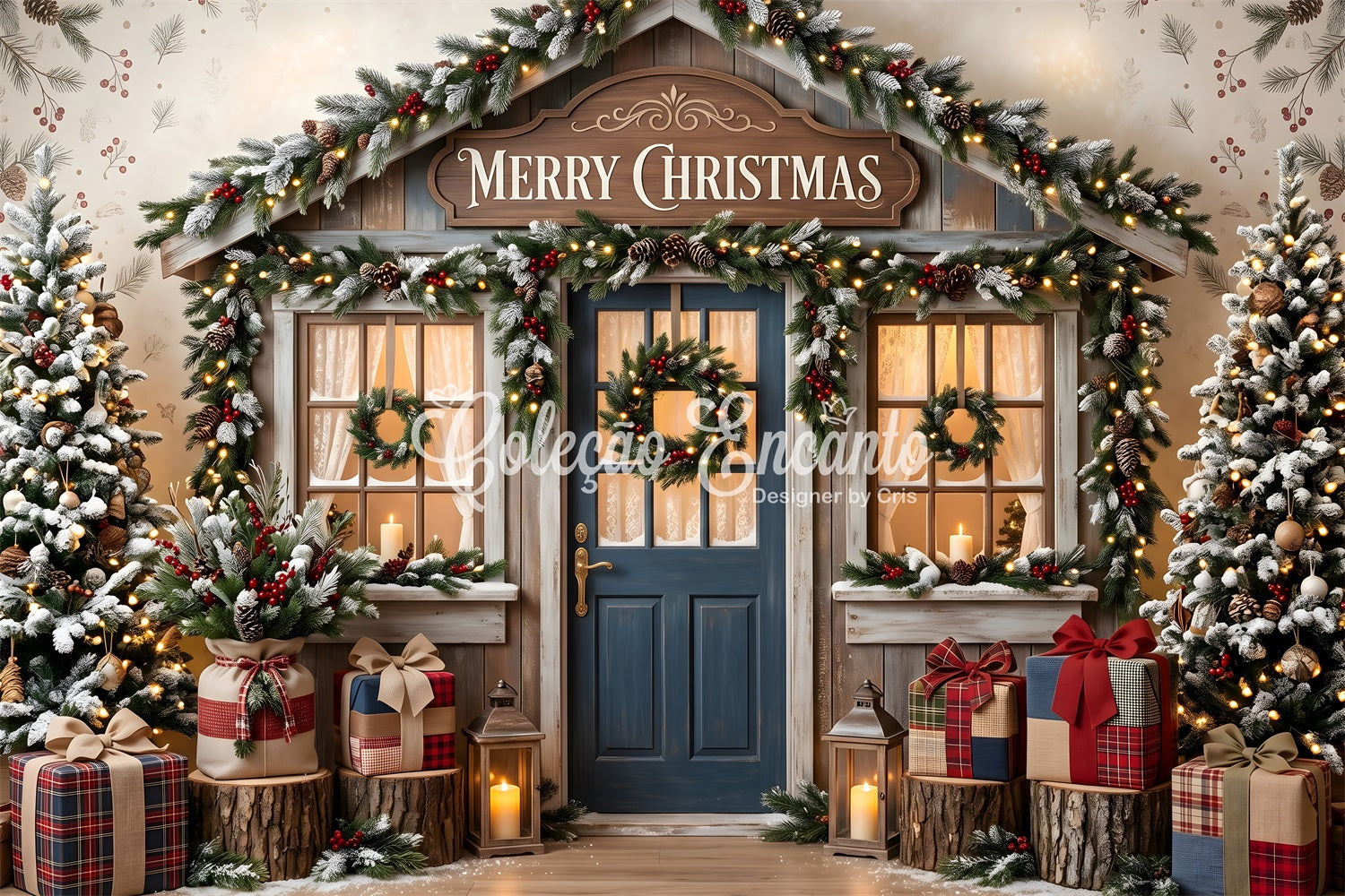 Christmas Shop Backdrop Rustic Blue Door Wreath Christmas Backdrop For Pictures CEM65-209