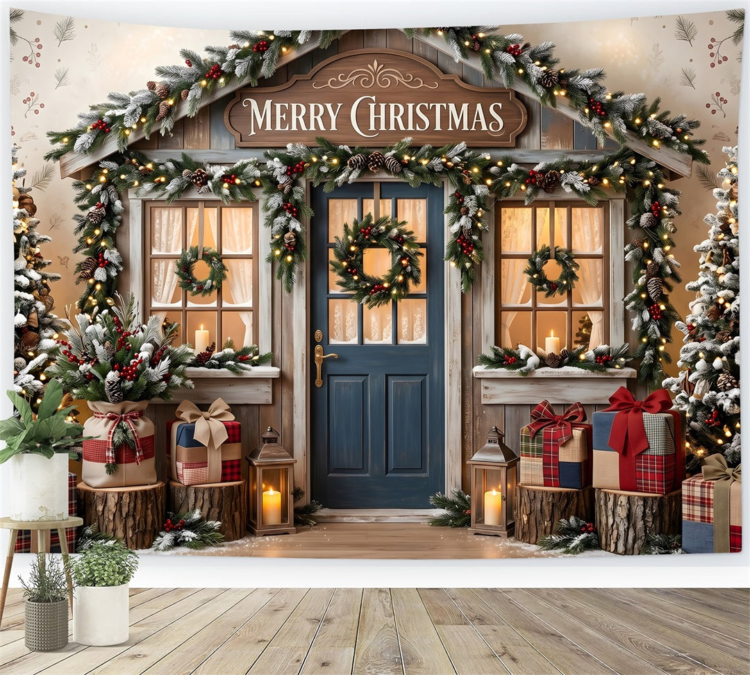 Christmas Shop Backdrop Rustic Blue Door Wreath Christmas Backdrop For Pictures CEM65-209