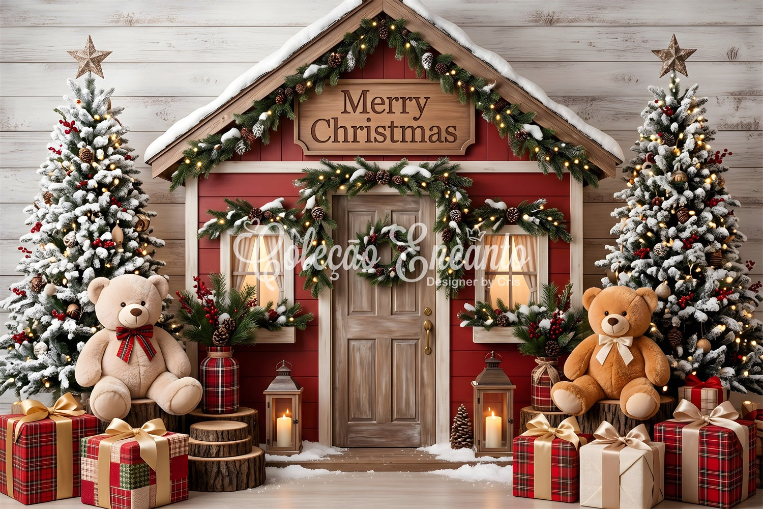 Merry Christmas Backdrop Snowy Red Cottage Teddy Photo Booth Christmas Backdrop CEM65-210