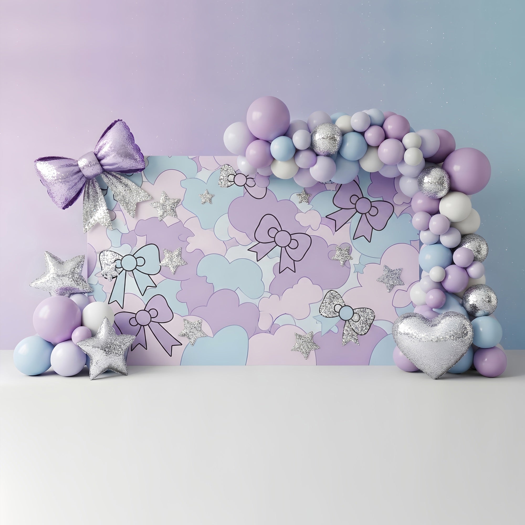 Newborn Photo Backdrops Pastel Bow Cloud Silver Stars Kids Backdrop Photoshoot CEM65-215