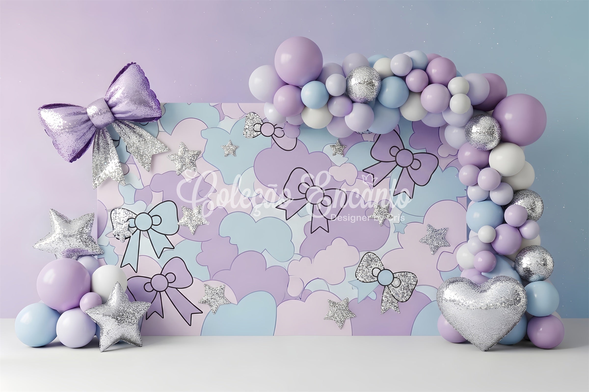 Newborn Photo Backdrops Pastel Bow Cloud Silver Stars Kids Backdrop Photoshoot CEM65-215