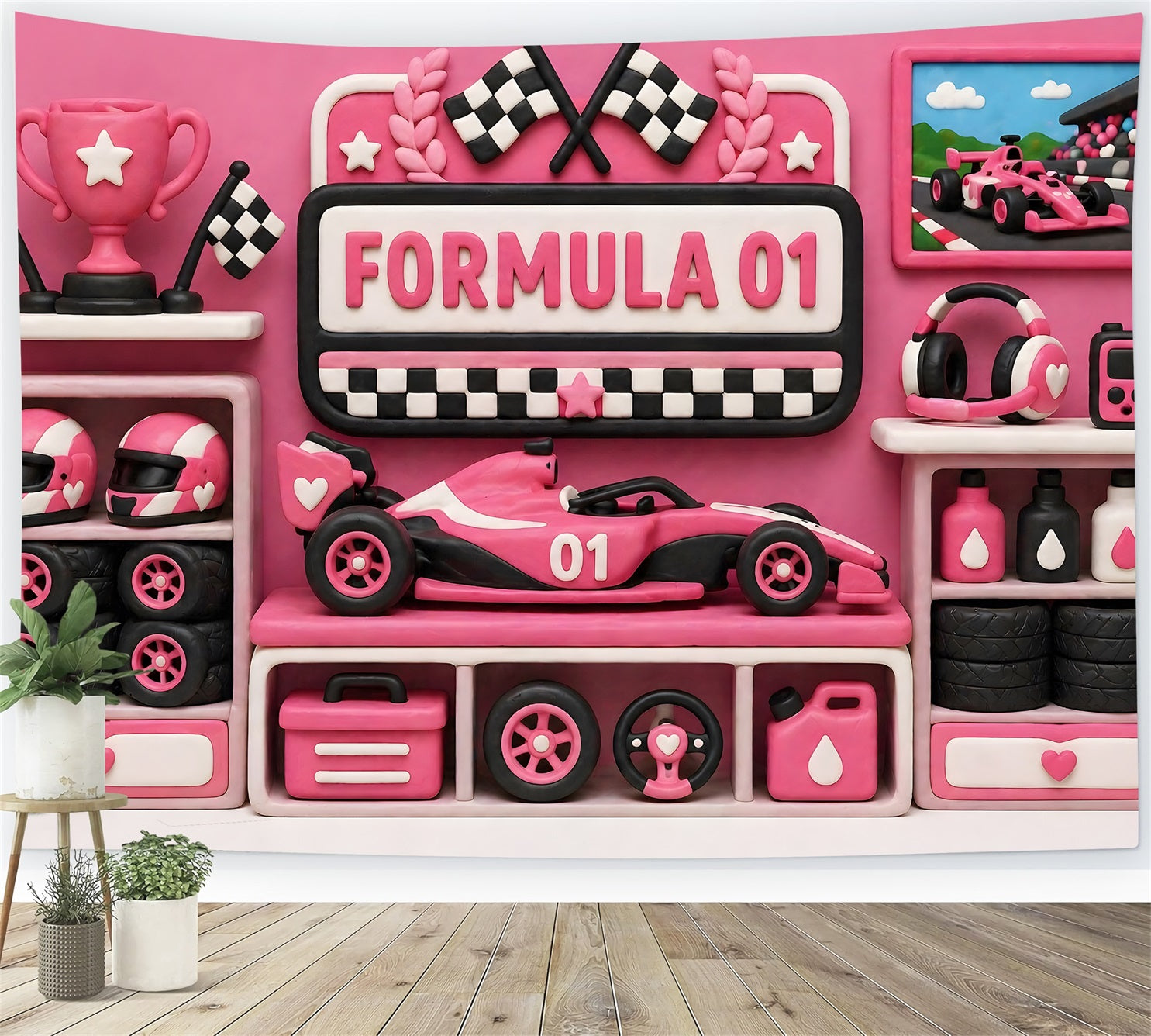 Photo Backdrops for Kids Pink Racing Trophy Garage Newborn Backdrops CEM65-25