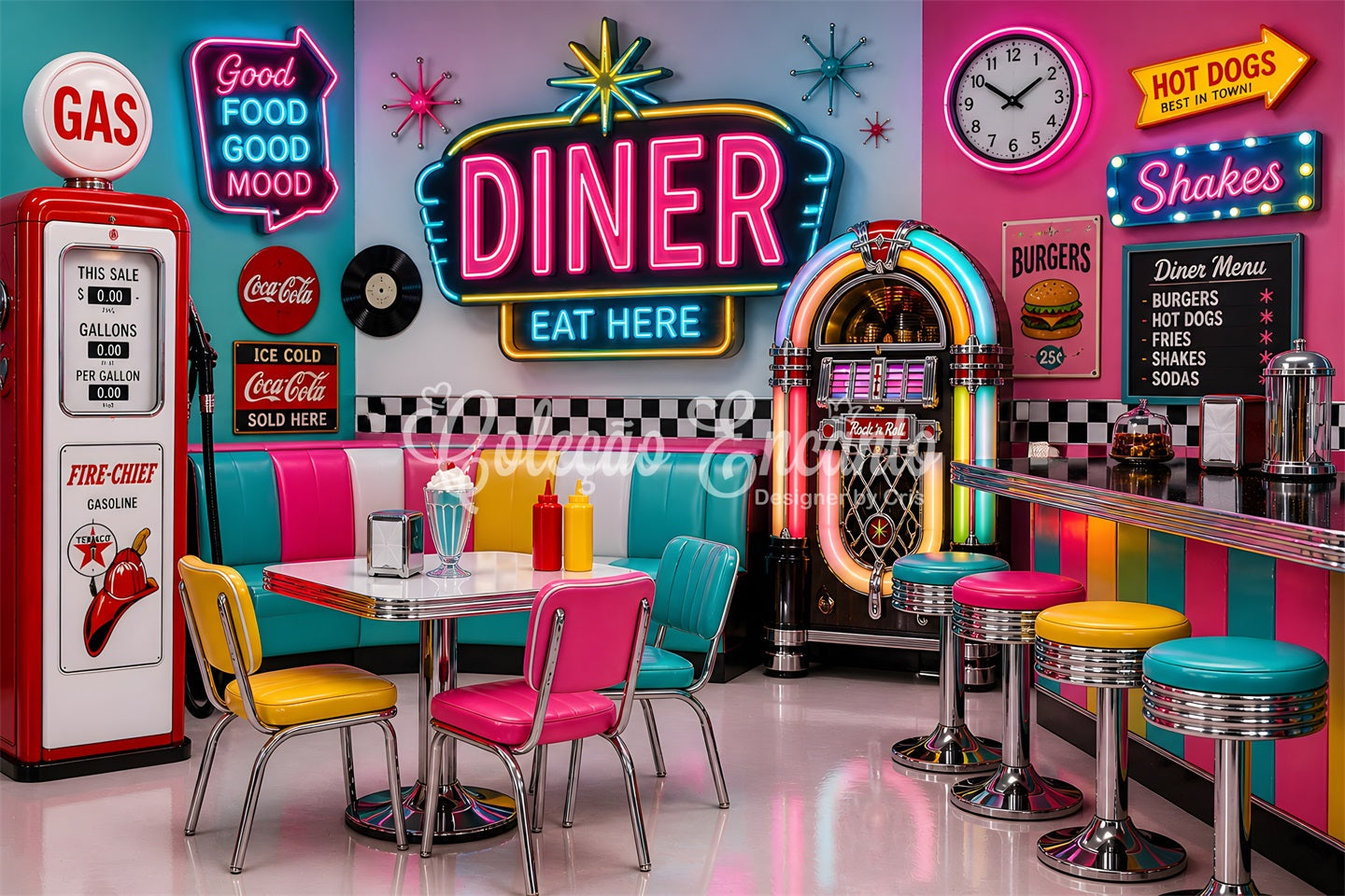 Newborn Backdrop Neon Retro Diner Jukebox Photography Backdrops for Kids CEM65-7