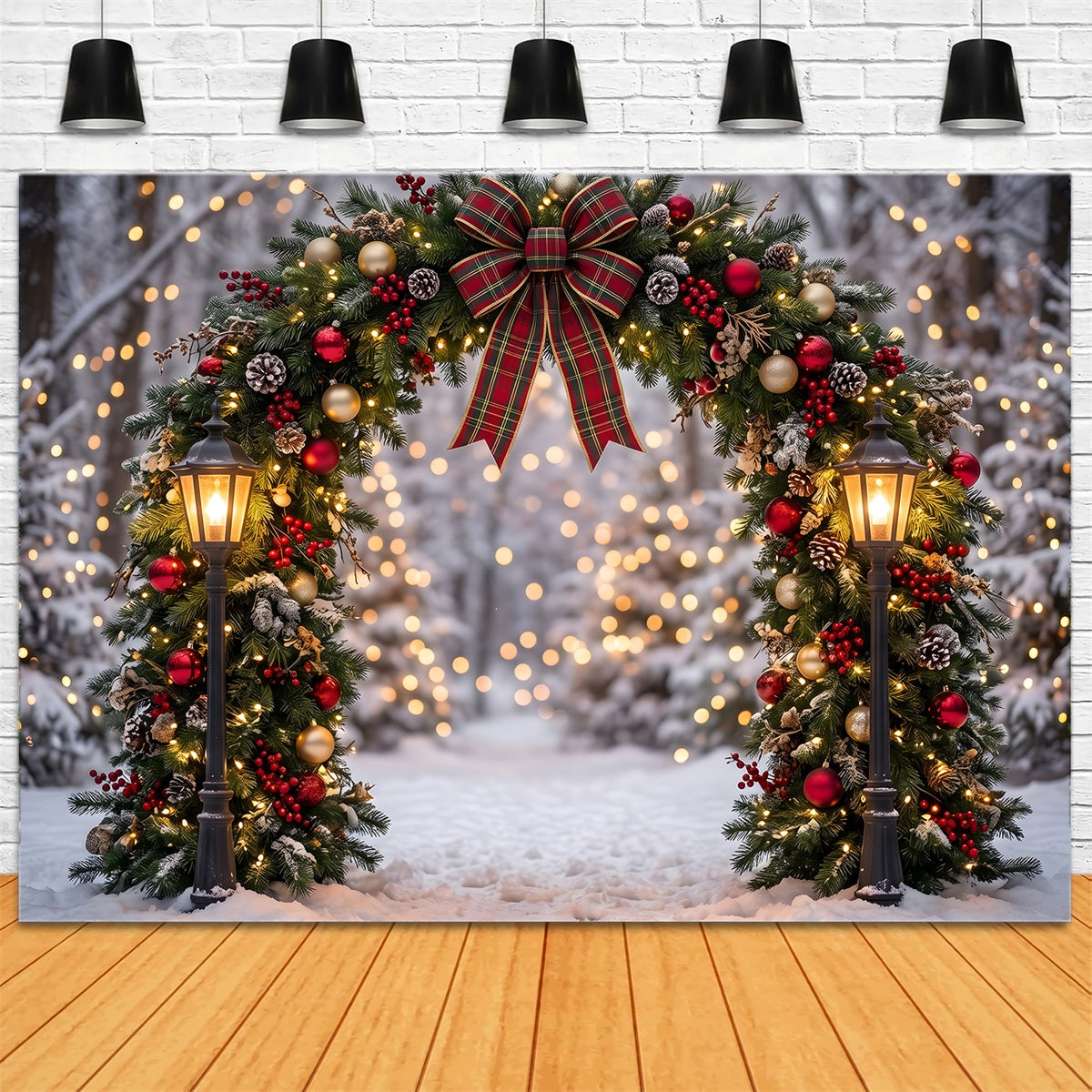 Christmas Photo Backdrop Snowy Forest Plaid Wreath Arch Photography Christmas Backdrops CEM65-71