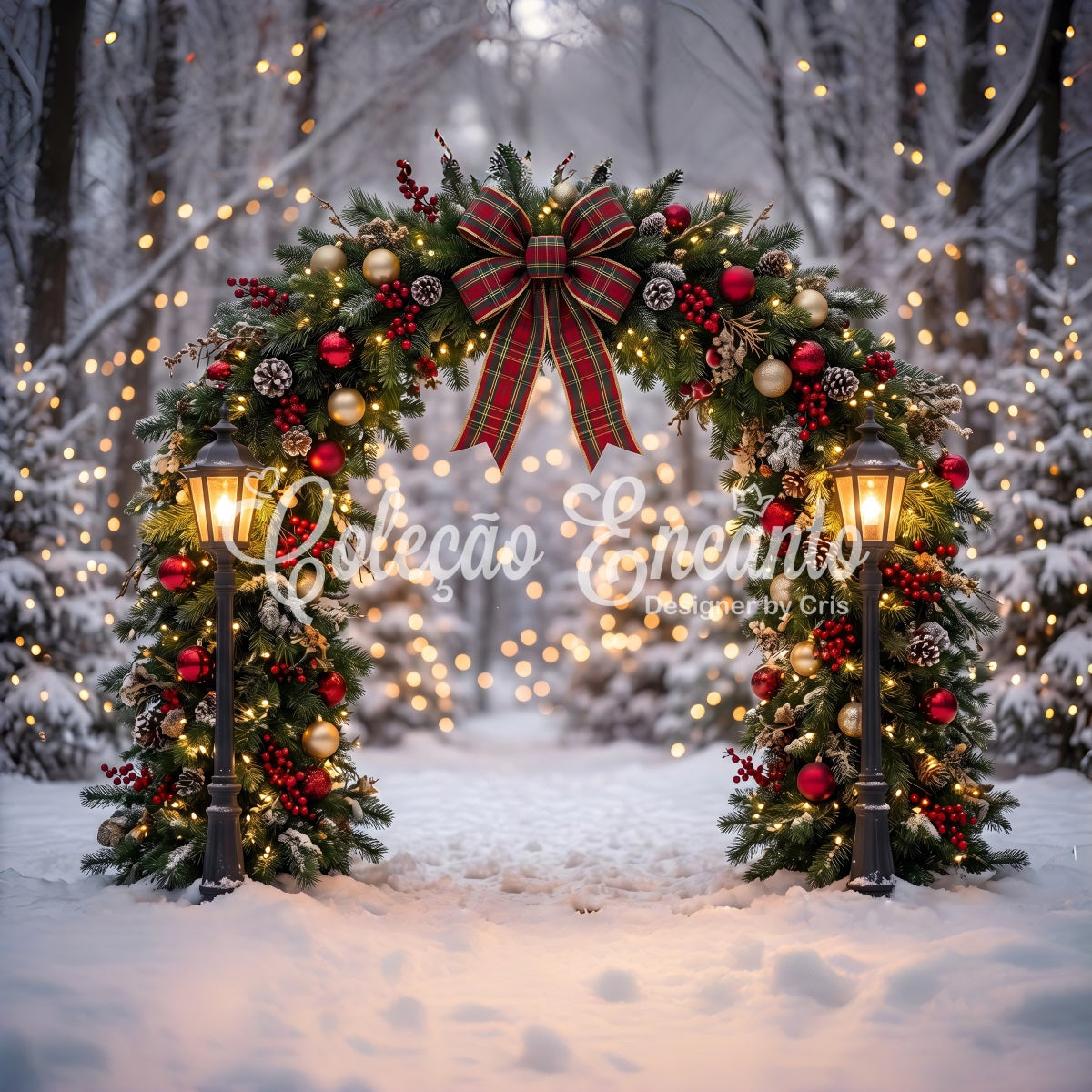 Christmas Photo Backdrop Snowy Forest Plaid Wreath Arch Photography Christmas Backdrops CEM65-71