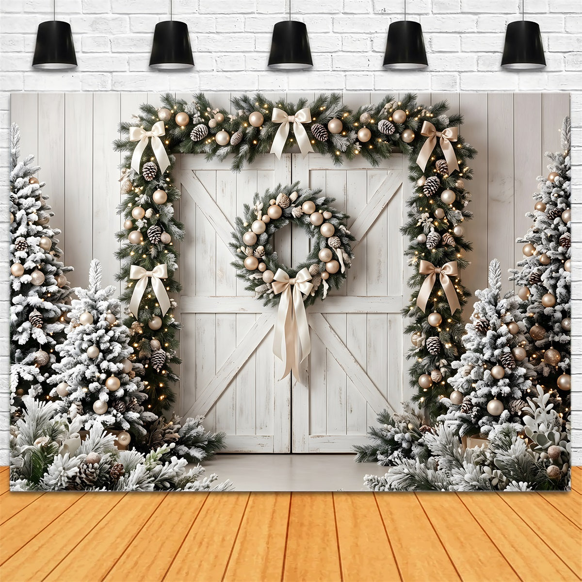 Christmas Backdrop Frosted Barn Door Evergreen Wreath Christmas Photoshoot Backdrop CEM65-72