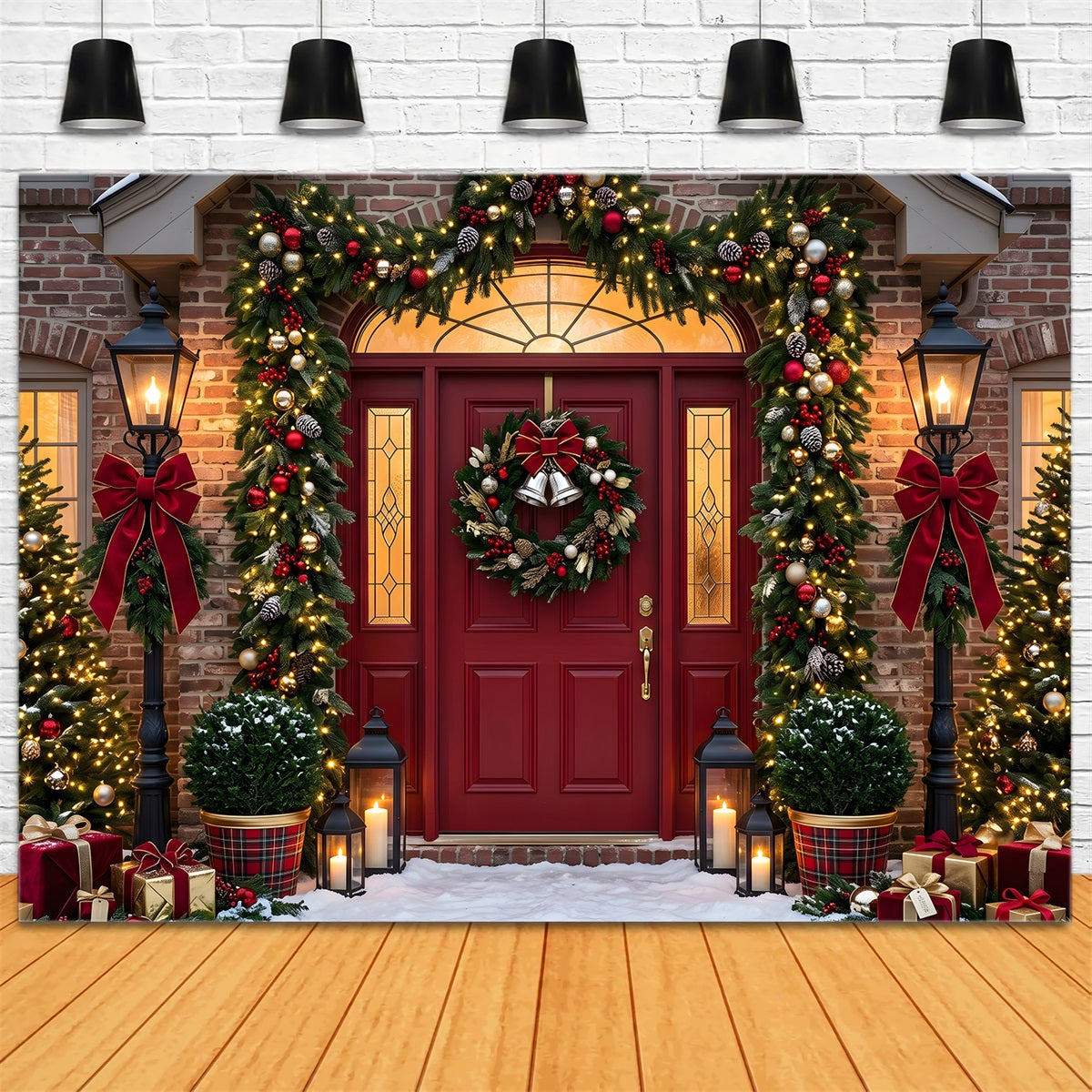 Merry Christmas Backdrop Burgundy Door Garland Lantern Porch Christmas Backdrop CEM65-76